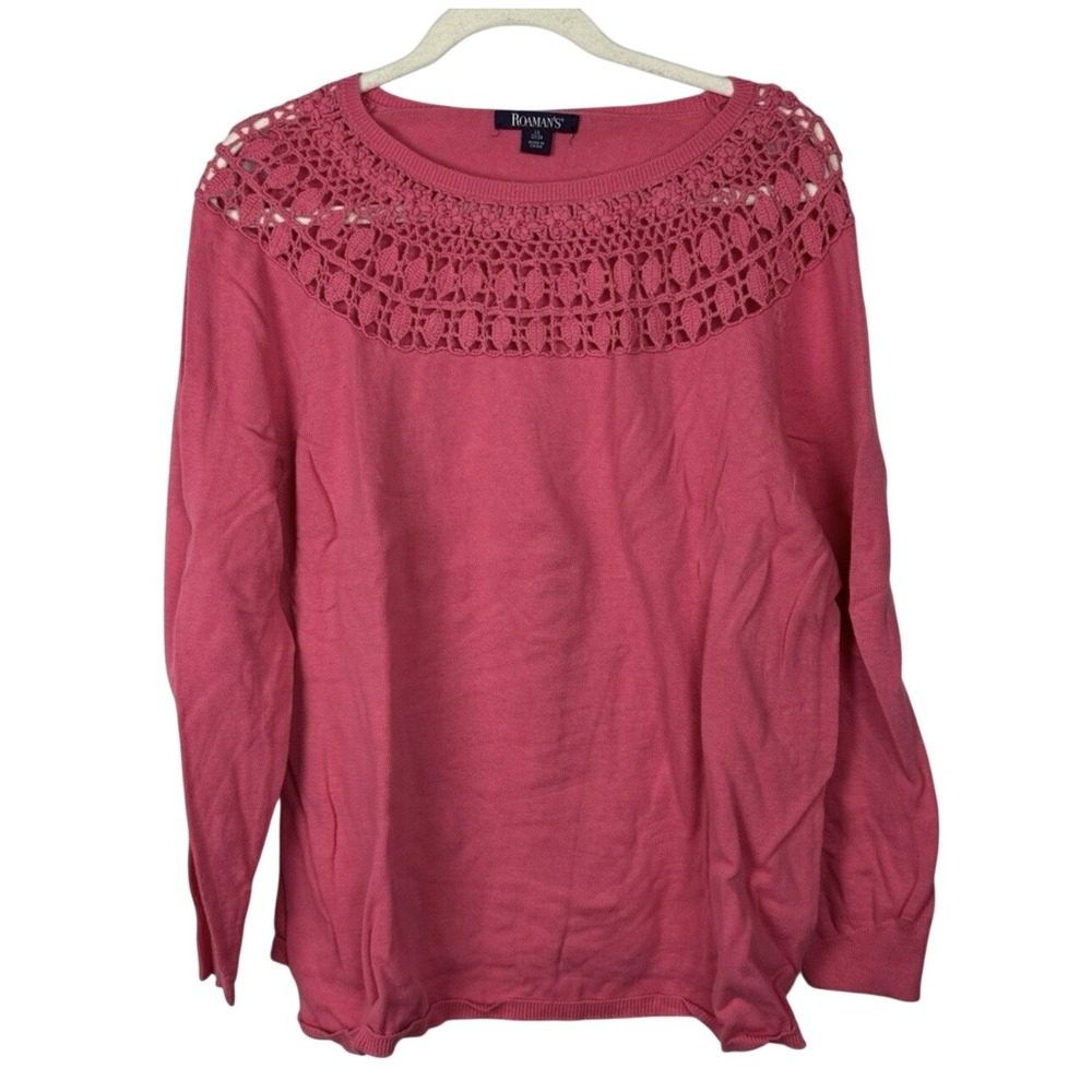 Roaman's Women Pink Crochet Lace Cotton Sweater 1X 22/24 Long Sleeve Pullover